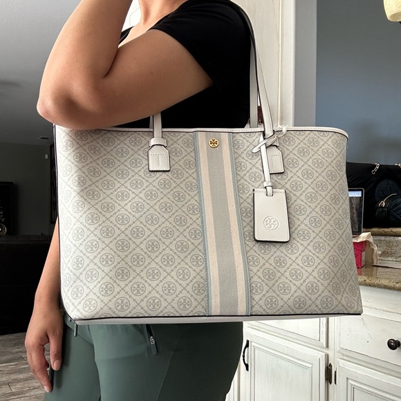 New💝 tory burch geo logo tote gray gro with stripe - Picture 11 of 13